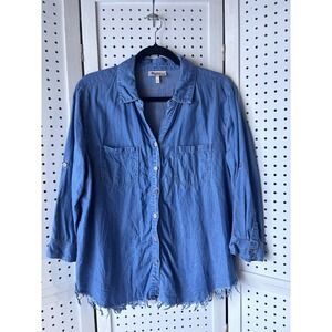 Hester & Orchard Women's L Button Down Tencel Chambray Raw Hem Shirt 3/4 RollTab